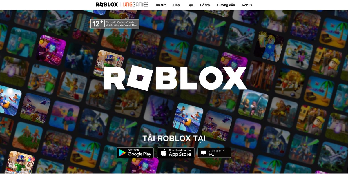 Trang chủ Roblox VNG với nhãn phân loại 12+ và khuyến cáo thời lượng chơi