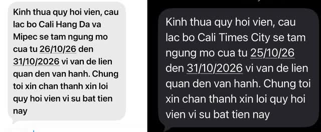 Tin nhắn thông báo tạm ngưng của California Fitness gửi hội viên các cơ sở Hàng Da, Mipec và Times City
