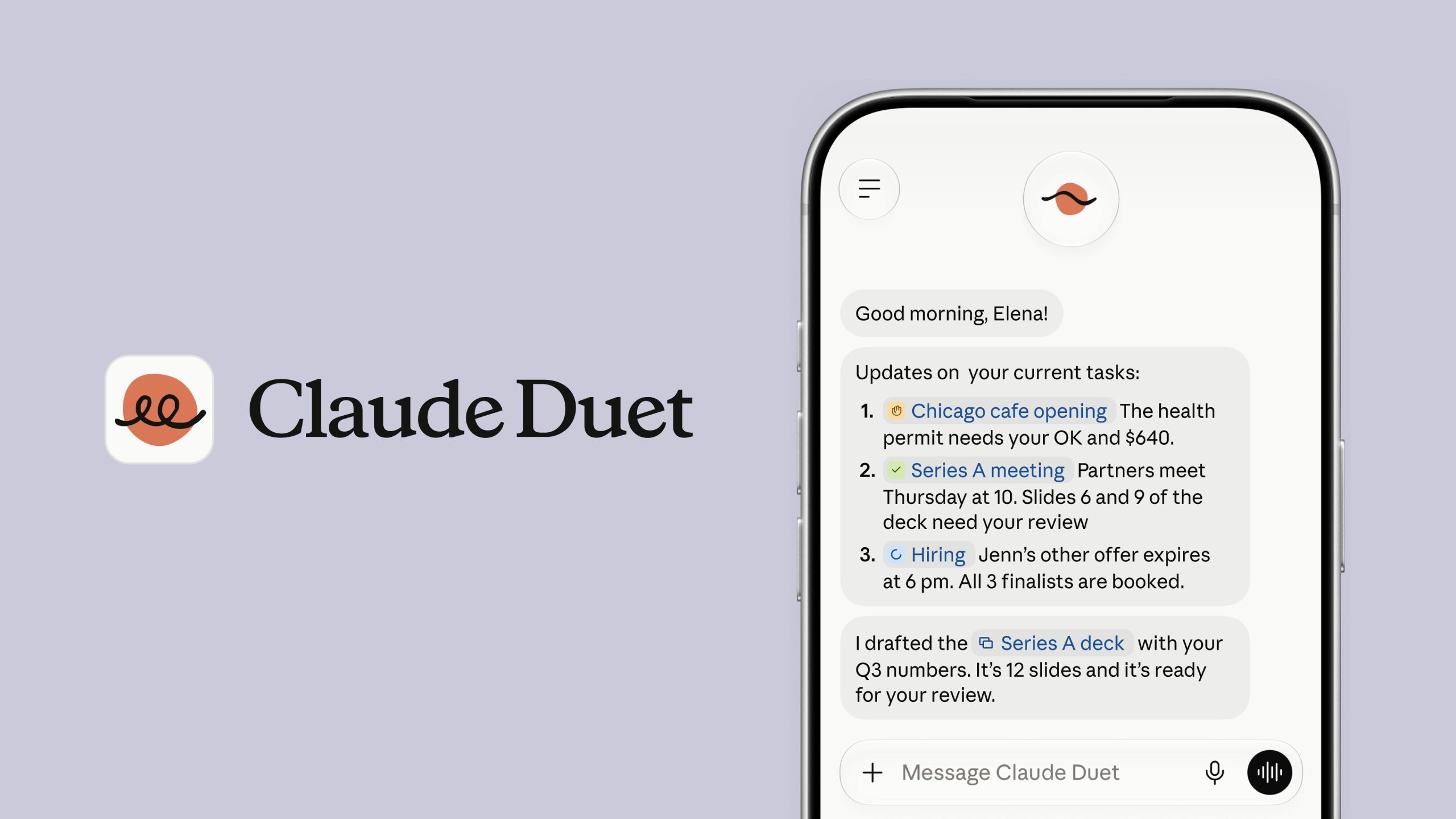Màn hình ứng dụng Claude Duet hiển thị bản tóm tắt buổi sáng với danh sách việc cần duyệt