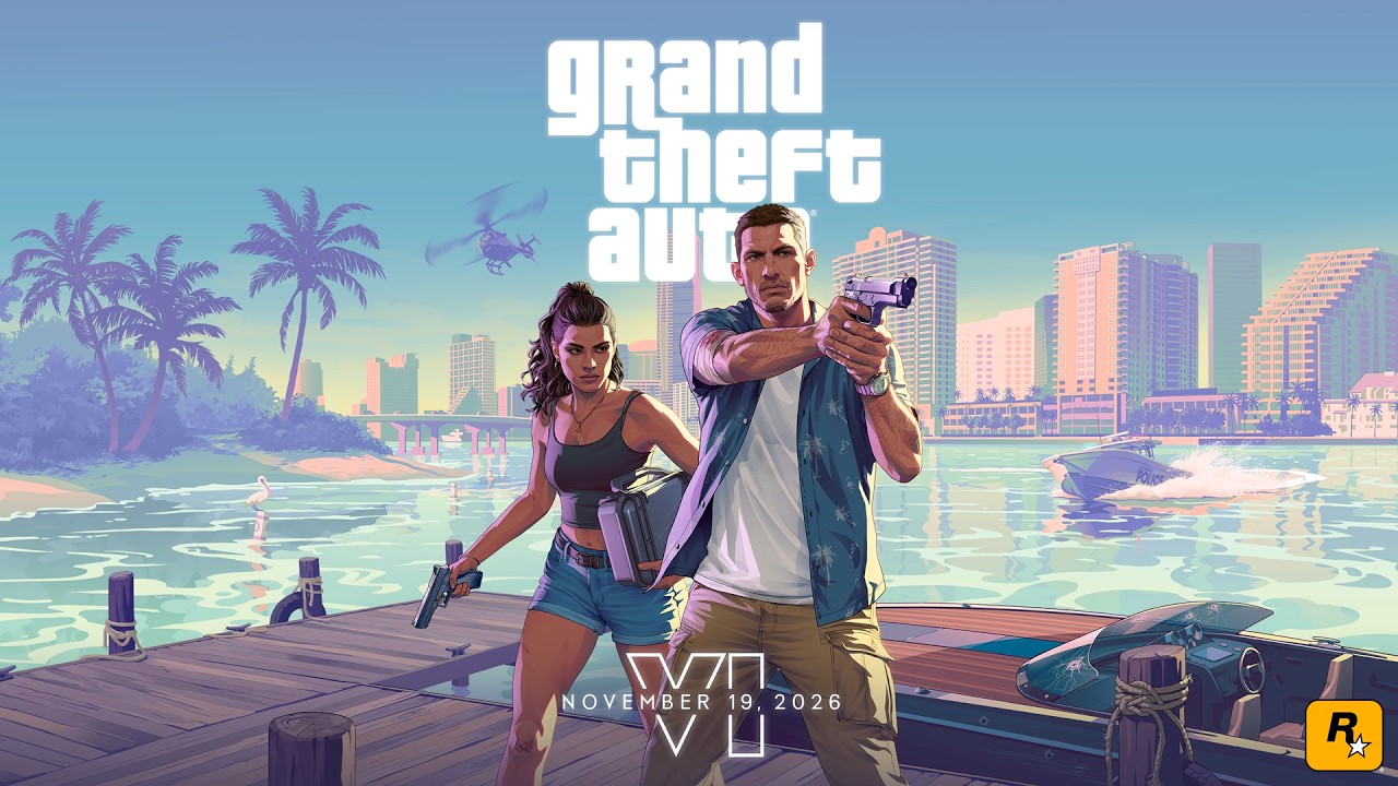 Ảnh bìa trailer 2 GTA 6 với Jason và Lucia trên cầu cảng Vice City