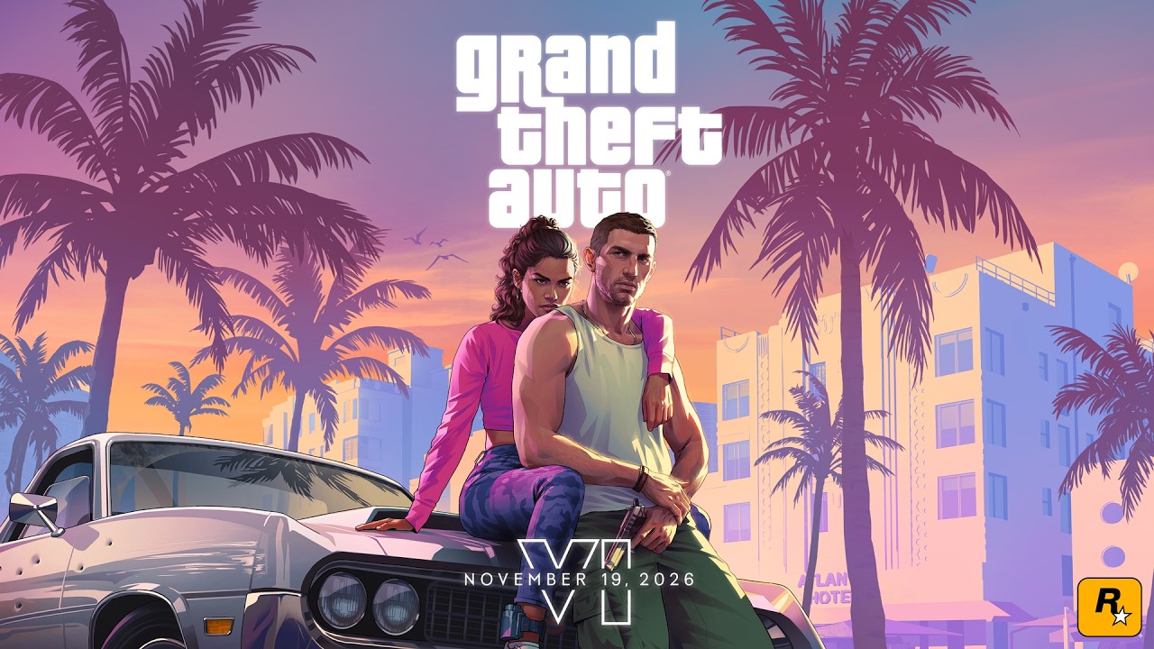 Ảnh bìa trailer 1 GTA 6 với Jason và Lucia ngồi trên mui xe ở Vice City