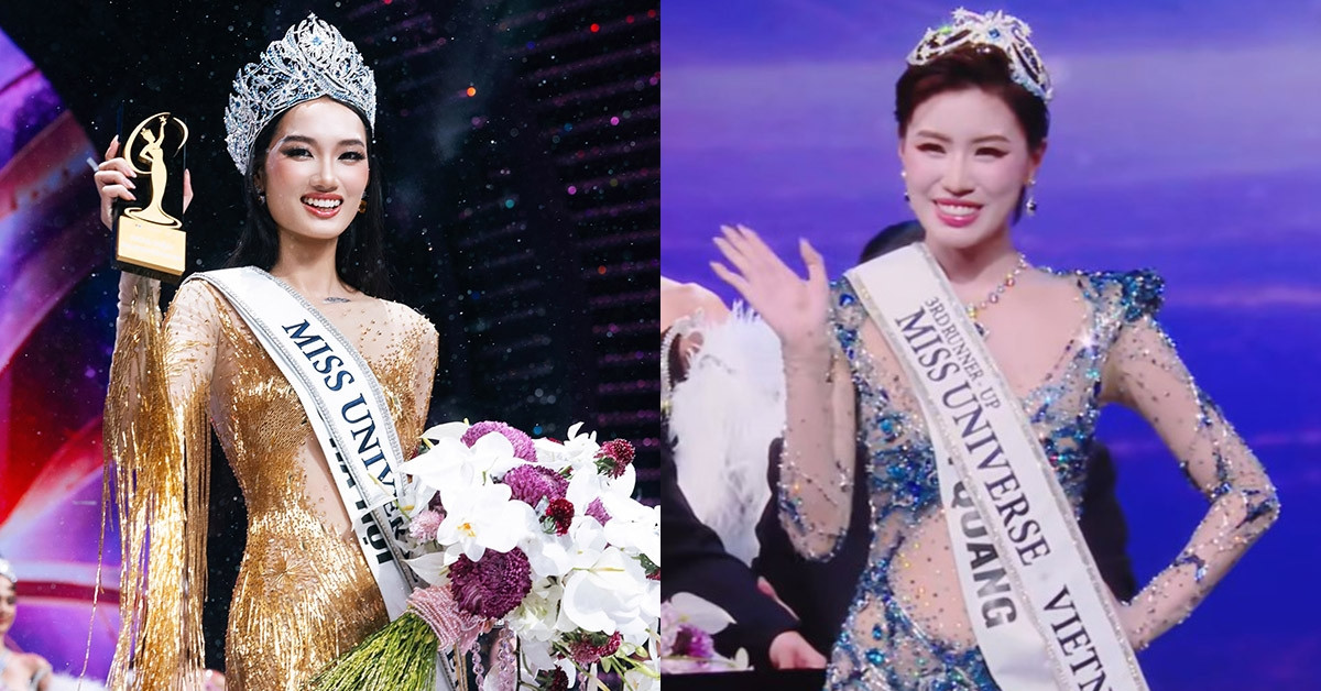 Nguyễn Quỳnh Anh đội vương miện và đeo dải băng Miss Universe Vietnam 2026 cầm hoa trên sân khấu