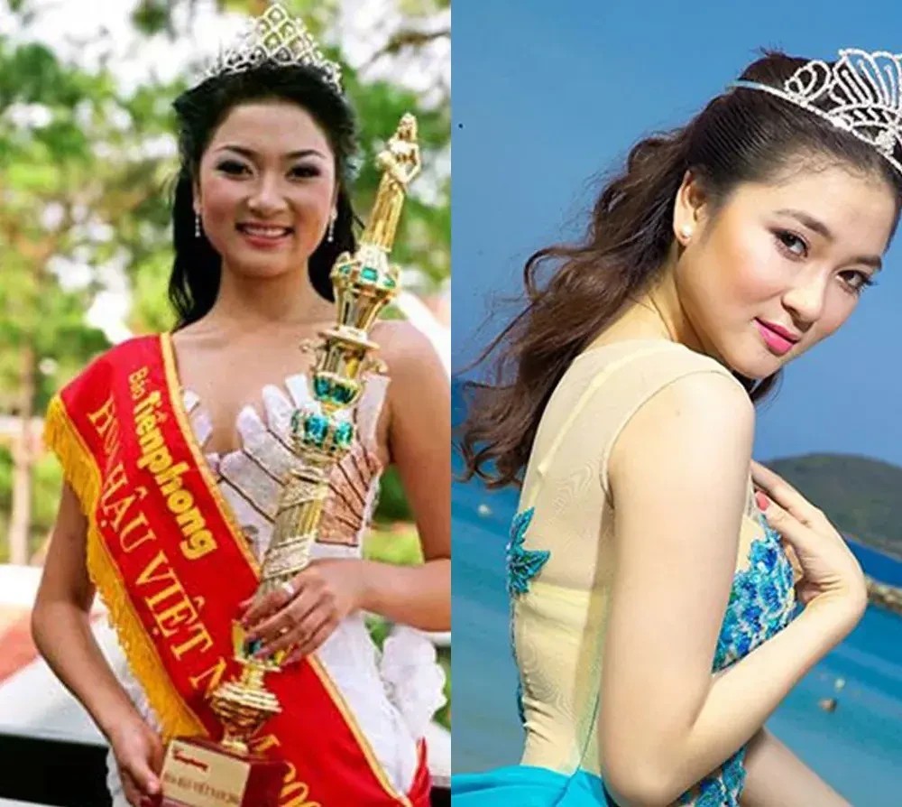 Hoa hậu Nguyễn Thị Huyền năm 2004 đội vương miện Hoa hậu Việt Nam, ảnh ghép hai thời điểm