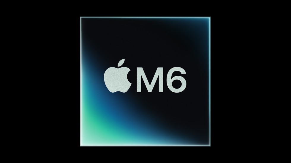 Logo chip Apple M6 trên nền đen với ánh sáng xanh lục lam